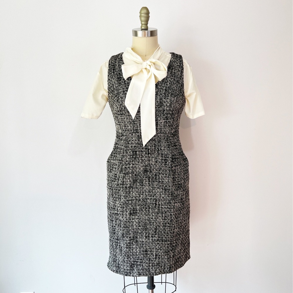 J. Crew Sheath Dress Black White Tweed Sleeveless Pockets Pinafore Size 6